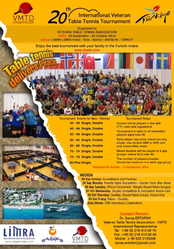 ANTALYA TURNUVALARI 2014 - 20.Antalya Uluslararası Veteran Masatenisi Turnuvası